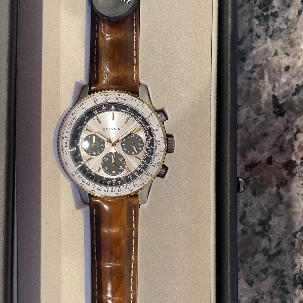 Bolvaint Chronograph Watch with Brown Leather Strap